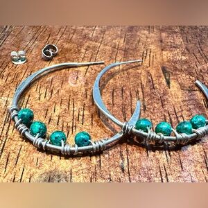 Sterling Silver Hoop Earrings with Chrysocolla Accents